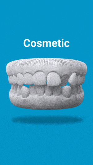 Dental model showing teeth with cosmetic treatment options against blue background.