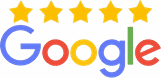 Google logo with five gold stars above it, representing excellent customer reviews