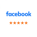 Facebook logo with five orange stars indicating customer reviews or ratings.