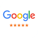 Google logo with five-star rating, indicating customer reviews for Palatine Dental Associates