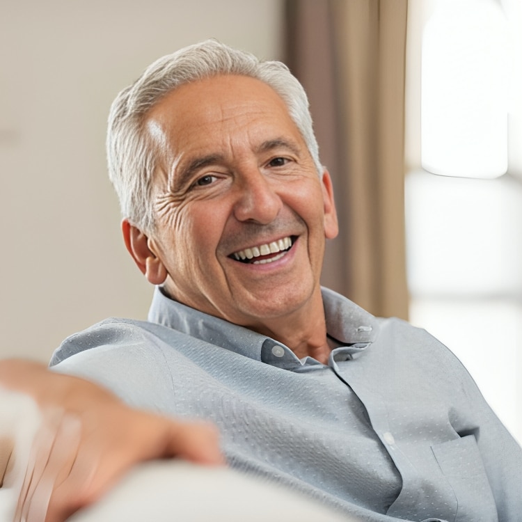 Smiling older man in light blue shirt relaxing indoors by window at dental office.