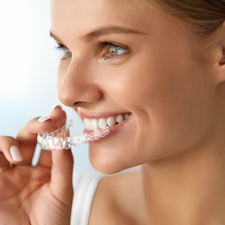 Woman smiling while inserting clear dental aligner into mouth against white background.